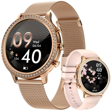 Smartwatch damski Veltori VT310-1 - złota bransoleta mesh i różowy pasek silikonowy
