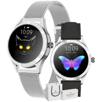 Smartwatch Damski SREBRNY + Czarny skórzany pasek Giewont GW300-4