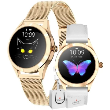 Smartwatch Damski ZŁOTY + Biały skórzany pasek Giewont GW300-2
