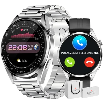 Smartwatch męski Giewont GW450-4 – srebrna bransoleta + czarny pasek silikonowy