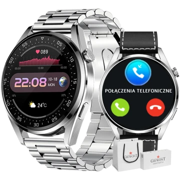 Smartwatch męski Giewont GW450-5 – srebrna bransoleta + czarny pasek skórzany