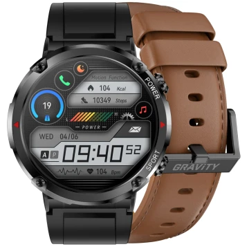 Smartwatch męski Gravity GT21-4 - brązowy pasek z eko skóry + czarny pasek silikonowy