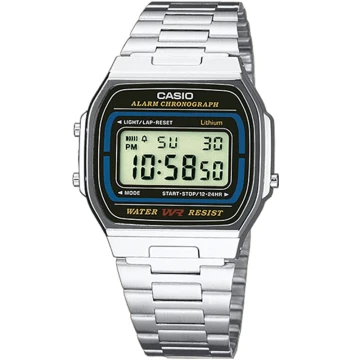 Zegarek uniseks Casio Vintage A164WA-1VES na srebrnej bransolecie, czarna tarcza
