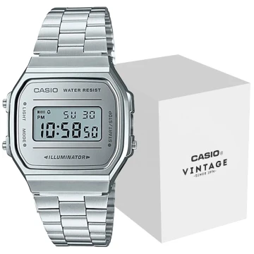 Zegarek uniseks Casio Vintage A168WEM-7EF na srebrnej bransolecie, srebrna tarcza