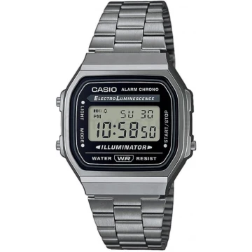 Zegarek uniseks Casio Vintage A168WGG-1ADF na szarej bransolecie, czarna tarcza
