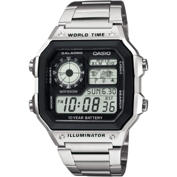 Zegarek CASIO AE-1200WHD-1AVDF na bransolecie srebrnej, czarna tarcza, WR100