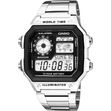 Zegarek męski Casio AE-1200WHD-1AVDF na srebrnej bransolecie, szary wyświetlacz