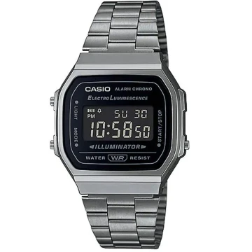Zegarek uniseks Casio Vintage A168WGG-1BDF na szarej bransolecie, czarna tarcza