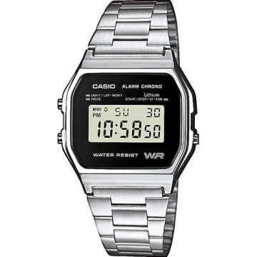 Zegarek uniseks Casio Vintage A158WEA-1EF na srebrnej bransolecie, czarna tarcza