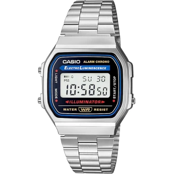 Zegarek uniseks Casio Vintage A168WA-1WDF na srebrnej bransolecie, czarna tarcza