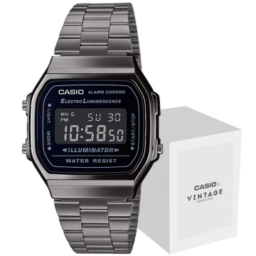 Zegarek uniseks Casio Vintage A168WEGG-1BEF na szarej bransolecie, czarna tarcza