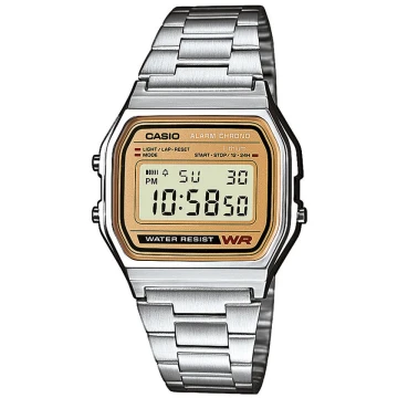 Zegarek uniseks Casio Vintage A158WEA-9EF na srebrnej bransolecie, złota tarcza