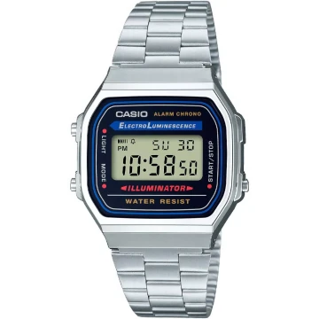 Zegarek uniseks Casio Vintage A168WA-1YES na srebrnej bransolecie, czarna tarcza