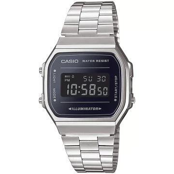 Zegarek uniseks Casio Vintage A168WEM-1EF na srebrnej bransolecie, czarna tarcza