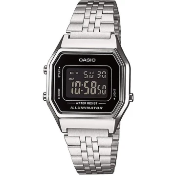 Zegarek damski Casio Vintage LA680WA-1BDF na srebrnej bransolecie, czarna tarcza