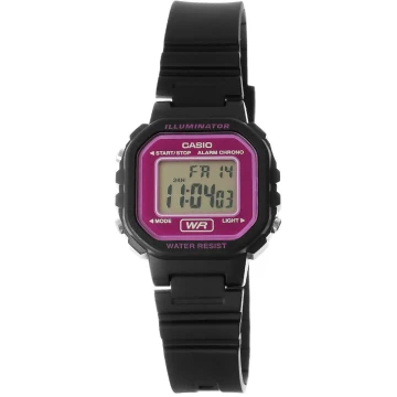 Zegarek damski Casio LA-20WH-4ADF na pasku czarnym, fioletowy wyświetlacz