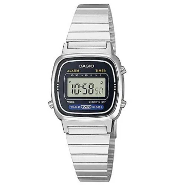 Zegarek damski CASIO LA670WD- 1DF na bransolecie srebrnej, czarna tarcza