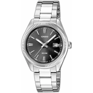 Zegarek damski Casio LTP-1302PD-1A1VEG na srebrnej bransolecie, czarna tarcza