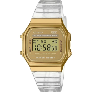Zegarek uniseks Casio Vintage A168XESG-9AEF na transparentnym pasku, złota tarcza
