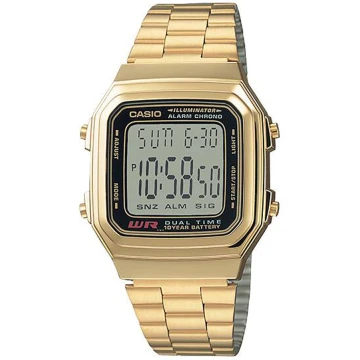 Zegarek uniseks Casio Vintage A178WGA-1ADF na złotej bransolecie, czarna tarcza