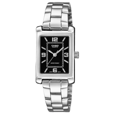 Zegarek damski Casio LTP-1234DD-1ADF na srebrnej bransolecie, czarna tarcza