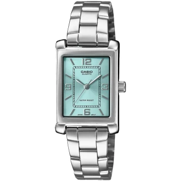 Zegarek damski Casio LTP-1234DD-2ADF na srebrnej bransolecie, niebieska tarcza