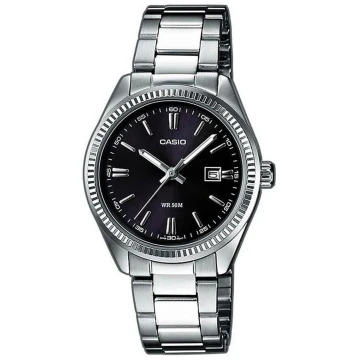 Zegarek damski Casio LTP-1302PD-1A1VEF na srebrnej bransolecie, czarna tarcza