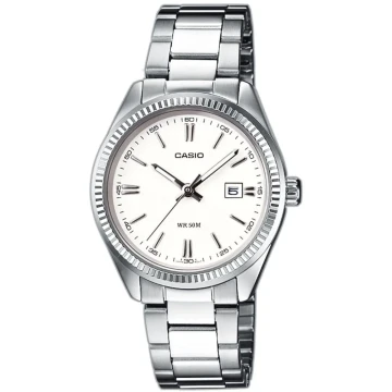 Zegarek damski Casio LTP-1302PD-7A1VEF na srebrnej bransolecie, biała tarcza