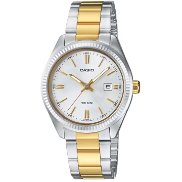 Zegarek damski Casio LTP-1302SG-7AVDF na srebrno-złotej bransolecie, srebrna tarcza