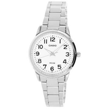Zegarek damski Casio LTP-1303PD-7BVEF na srebrnej bransolecie, biała tarcza