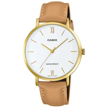 Zegarek damski Casio LTP-VT01GL-7BUDF na brązowym pasku, czarna tarcza
