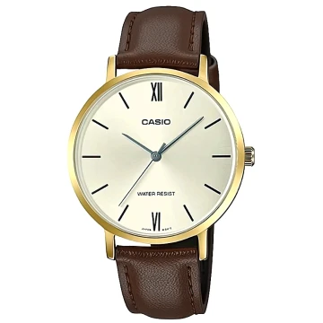 Zegarek damski Casio LTP-VT01GL-9BUDF na brązowym pasku, złota tarcza