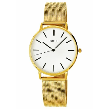 Zegarek damski marki Pacific na złotej bransolecie typu mesh. Czarne wskazówki i indeksy na srebrnej tarczy bez cyfr. Złota koperta zegarka o średnicy 38 mm.