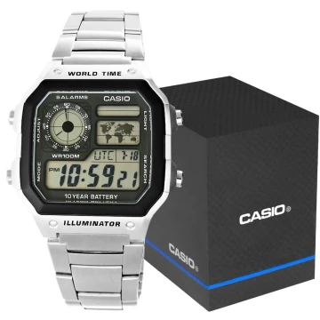 Zegarek męski Casio AE-1200WHD-1AVEF na srebrnej bransolecie, szary wyświetlacz