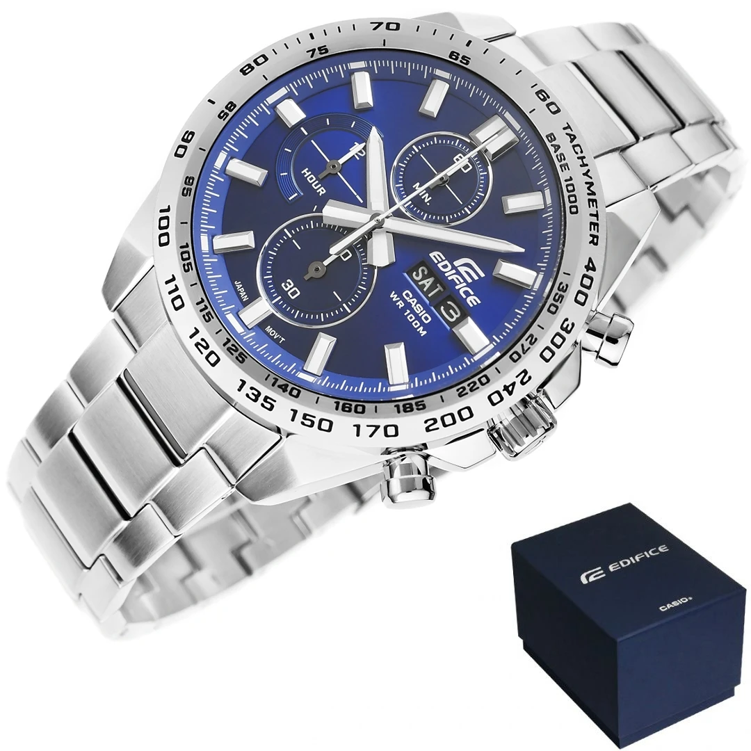 Zegarek męski Casio Edifice EFR-574D-2AVUEF na srebrnej bransolecie, niebieska tarcza - zdjęcie 2 Zegarek męski Casio Edifice EFR-574D-2AVUEF na srebrnej bransolecie, niebieska tarcza - zdjęcie 2