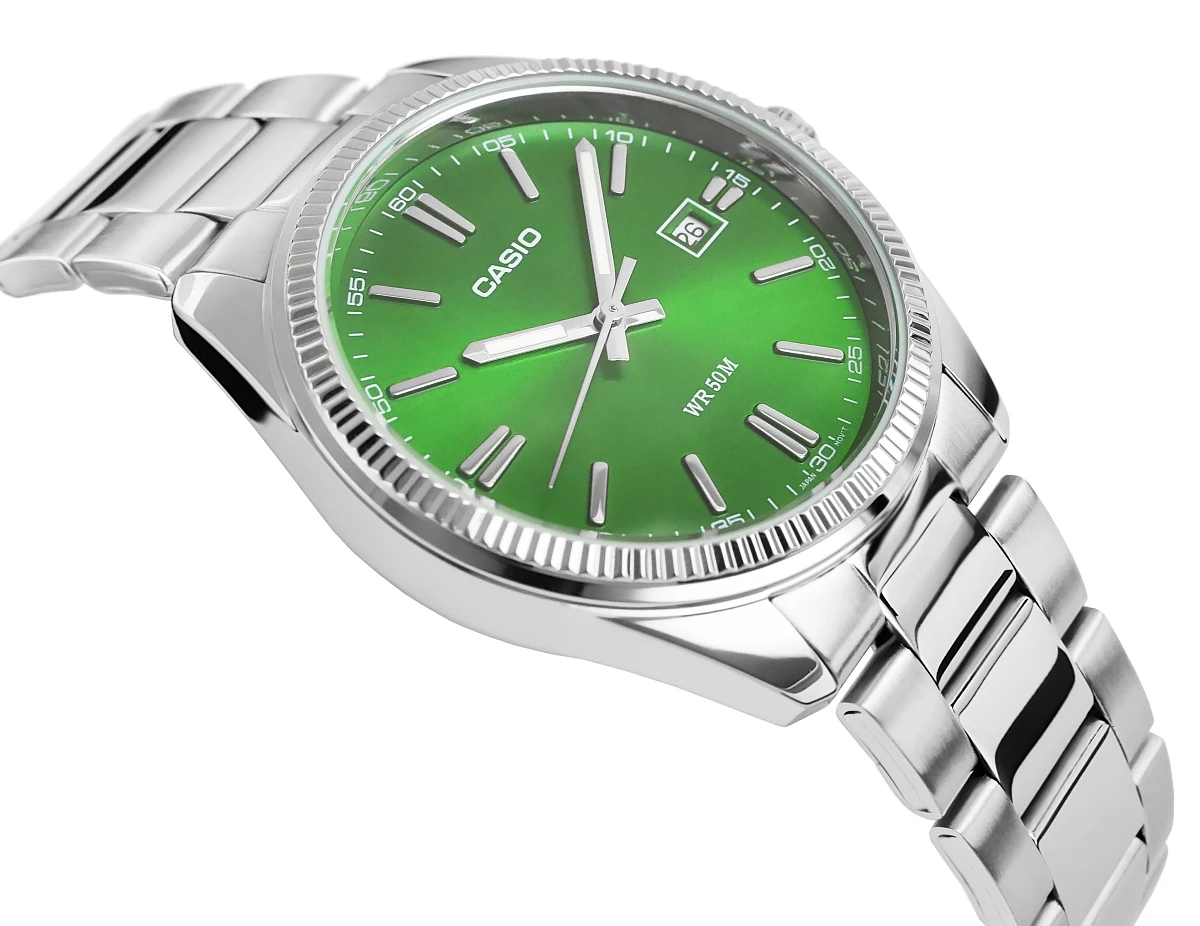 Zegarek męski Casio MTP-1302PD-3AVEF na srebrnej bransolecie, zielona tarcza - zdjęcie 2 Zegarek męski Casio MTP-1302PD-3AVEF na srebrnej bransolecie, zielona tarcza - zdjęcie 2