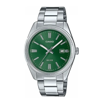 Zegarek męski Casio MTP-1302PD-3AVEF na srebrnej bransolecie, zielona tarcza