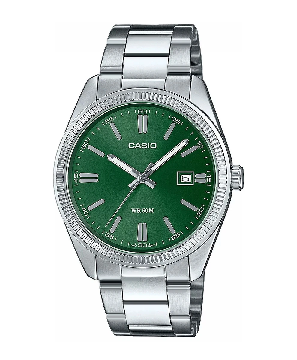 Zegarek męski Casio MTP-1302PD-3AVEF na srebrnej bransolecie, zielona tarcza Zegarek męski Casio MTP-1302PD-3AVEF na srebrnej bransolecie, zielona tarcza