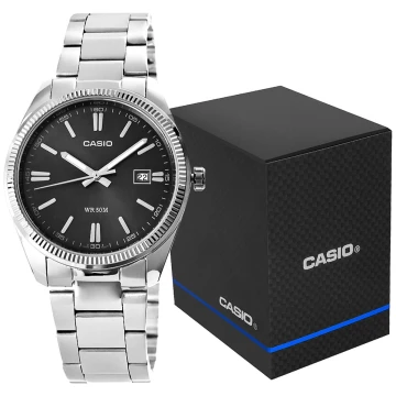 Zegarek męski Casio MTP-1302PD-1A1VEF na srebrnej bransolecie, czarna tarcza