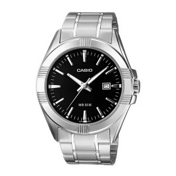 Zegarek męski Casio MTP-1308D-1AVDF na srebrnej bransolecie, czarna tarcza