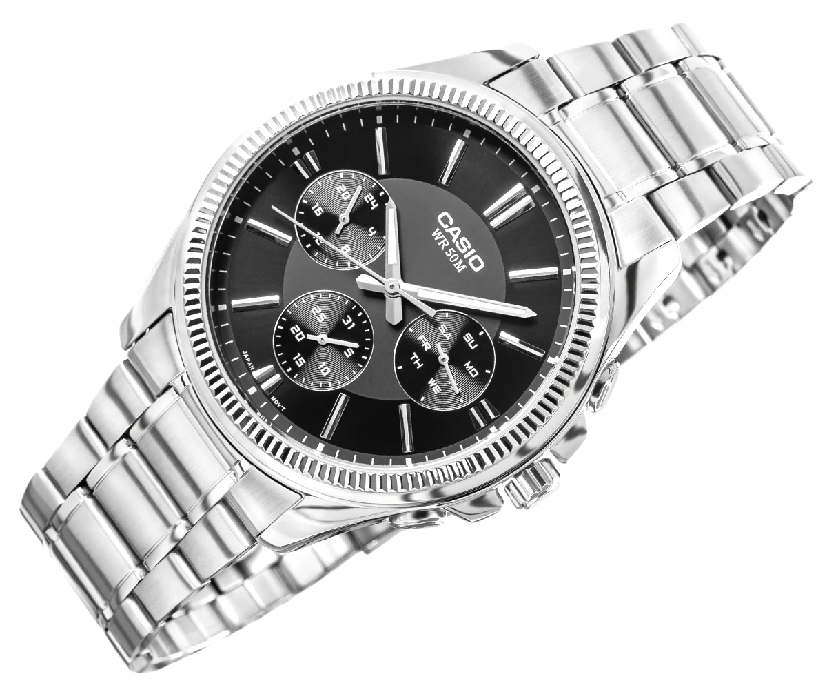 Zegarek męski Casio MTP-1375D-1AVDF na srebrnej bransolecie, czarna tarcza - zdjęcie 2 Zegarek męski Casio MTP-1375D-1AVDF na srebrnej bransolecie, czarna tarcza - zdjęcie 2