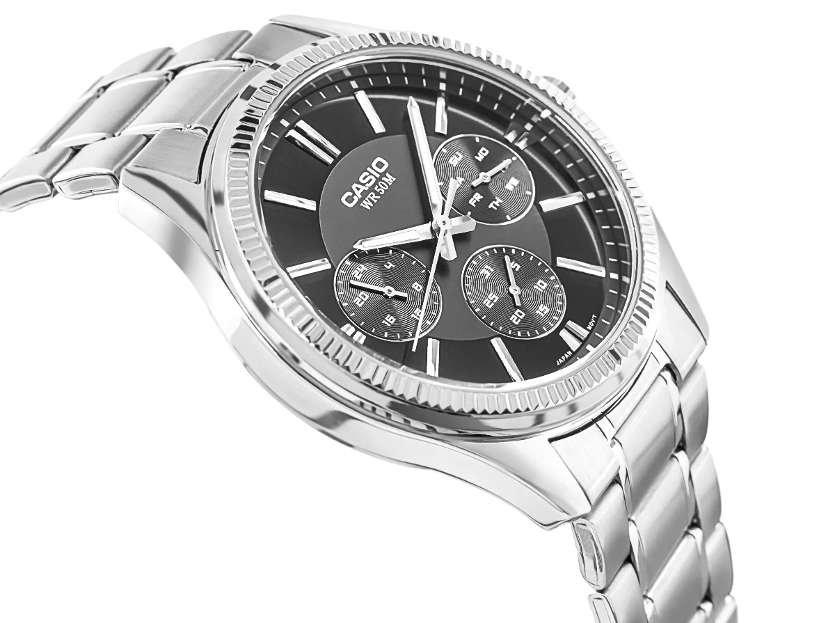 Zegarek męski Casio MTP-1375D-1AVDF na srebrnej bransolecie, czarna tarcza - zdjęcie 3 Zegarek męski Casio MTP-1375D-1AVDF na srebrnej bransolecie, czarna tarcza - zdjęcie 3