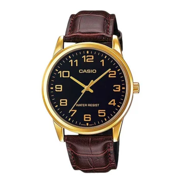 Zegarek męski Casio MTP-V001GL-1BUDF na brązowym pasku, czarna tarcza