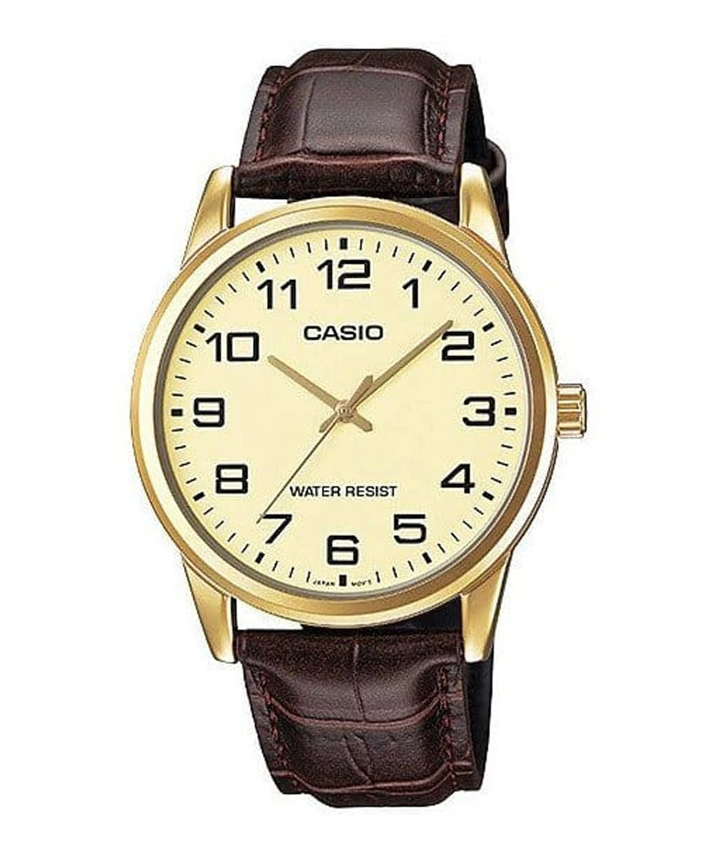 Zegarek męski Casio MTP-V001GL-9 na brązowym pasku, złota tarcza Zegarek męski Casio MTP-V001GL-9 na brązowym pasku, złota tarcza