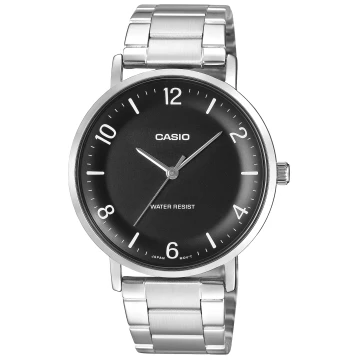 Zegarek męski Casio MTP-VT03D-1BDF na srebrnej bransolecie, czarna tarcza
