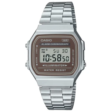 Zegarek uniseks Casio Vintage A168WA-5AYDF na srebrnej bransolecie, brązowa tarcza