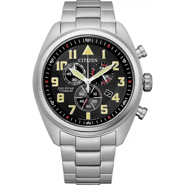 Zegarek męski Citizen Super Titanium AT2480-81E na bransolecie srebrnej, czarna tarcza, chronograf, solarny, WR100