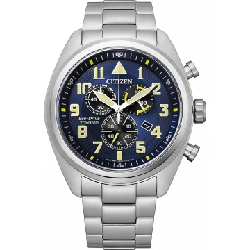 Zegarek męski Citizen Super Titanium AT2480-81L na bransolecie srebrnej, niebieska tarcza, chronograf, solarny, WR100