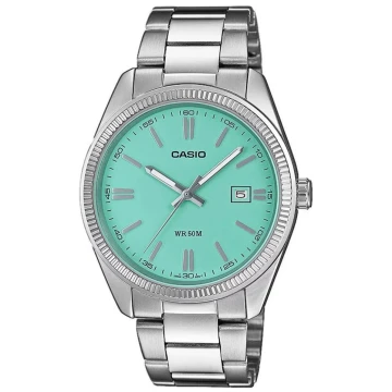 Zegarek męski Casio MTP-1302PD-2A2VEF na srebrnej bransolecie, zielona tarcza