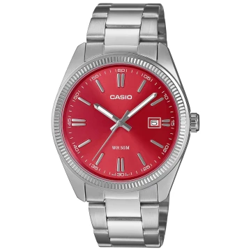 Zegarek męski Casio MTP-1302PD-4AVEF na srebrnej bransolecie, czerwona tarcza
